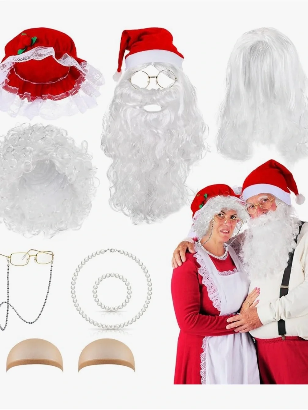 11 piece Claus Costume Set - White Wigs, beard, Eyeglasses and more